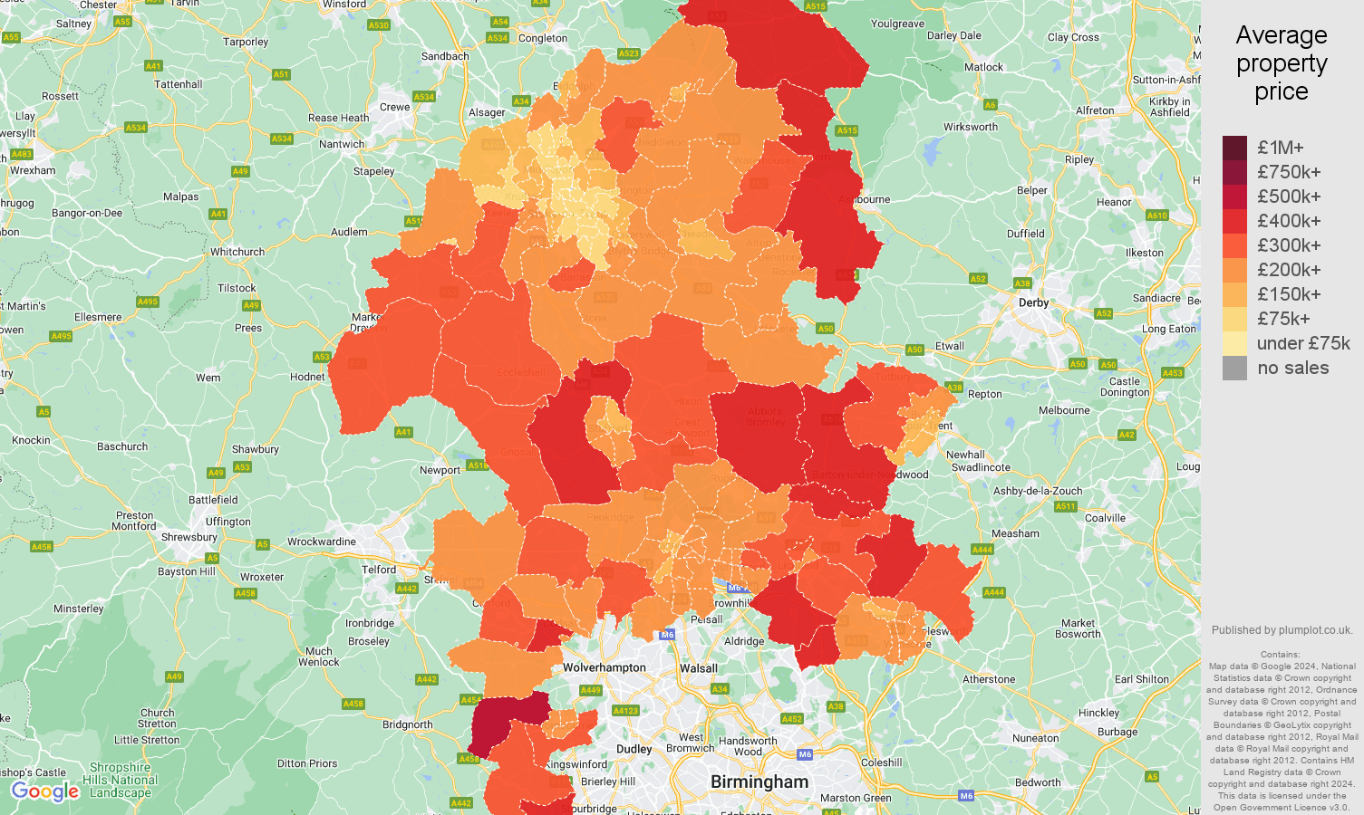 Staffordshire house prices in maps and graphs. August 2024