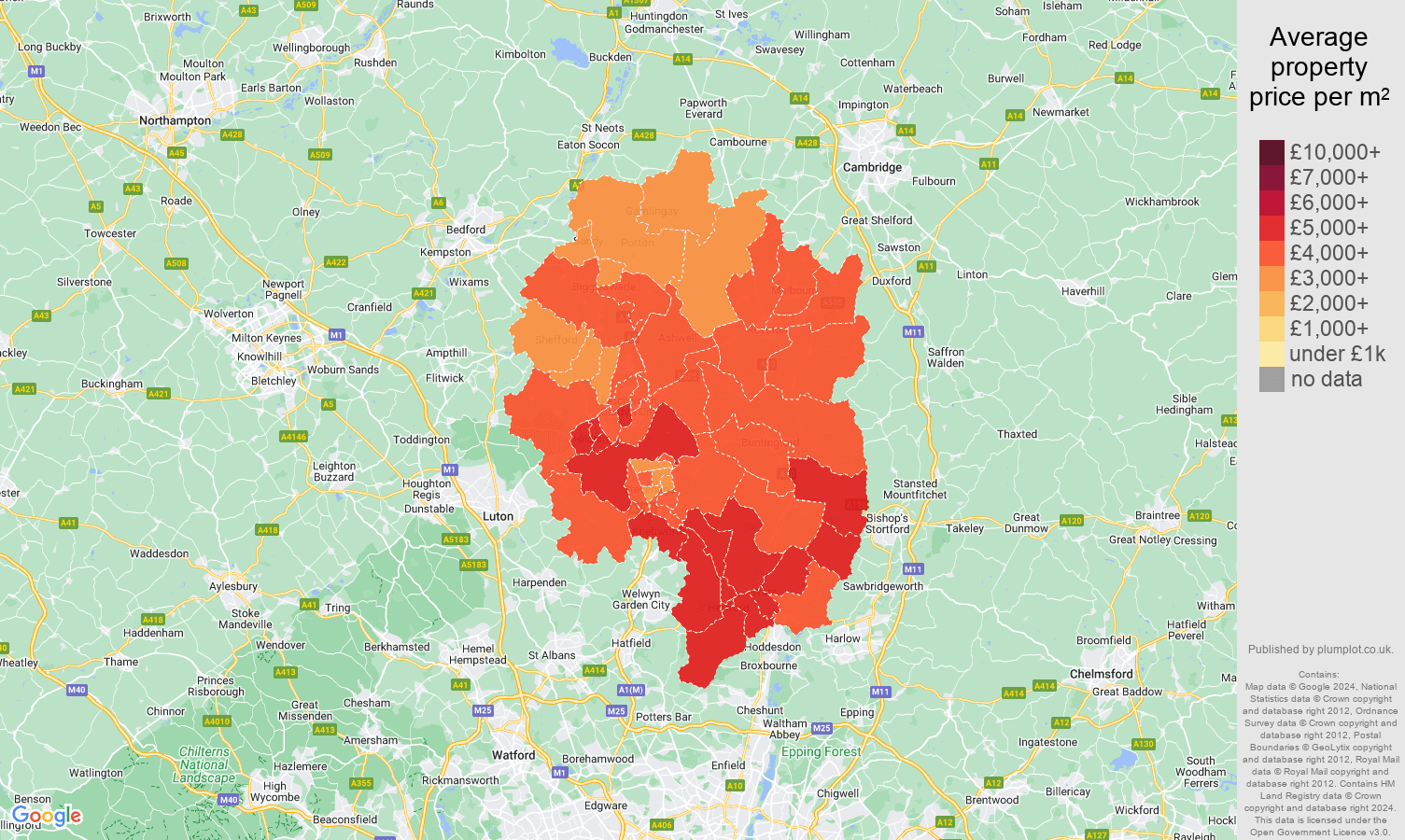 Stevenage house prices per square metre in maps and graphs. August 2024