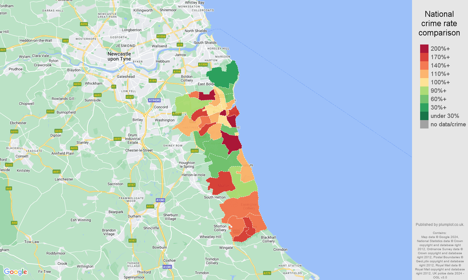Sunderland violent crime statistics in maps and graphs. October 2024