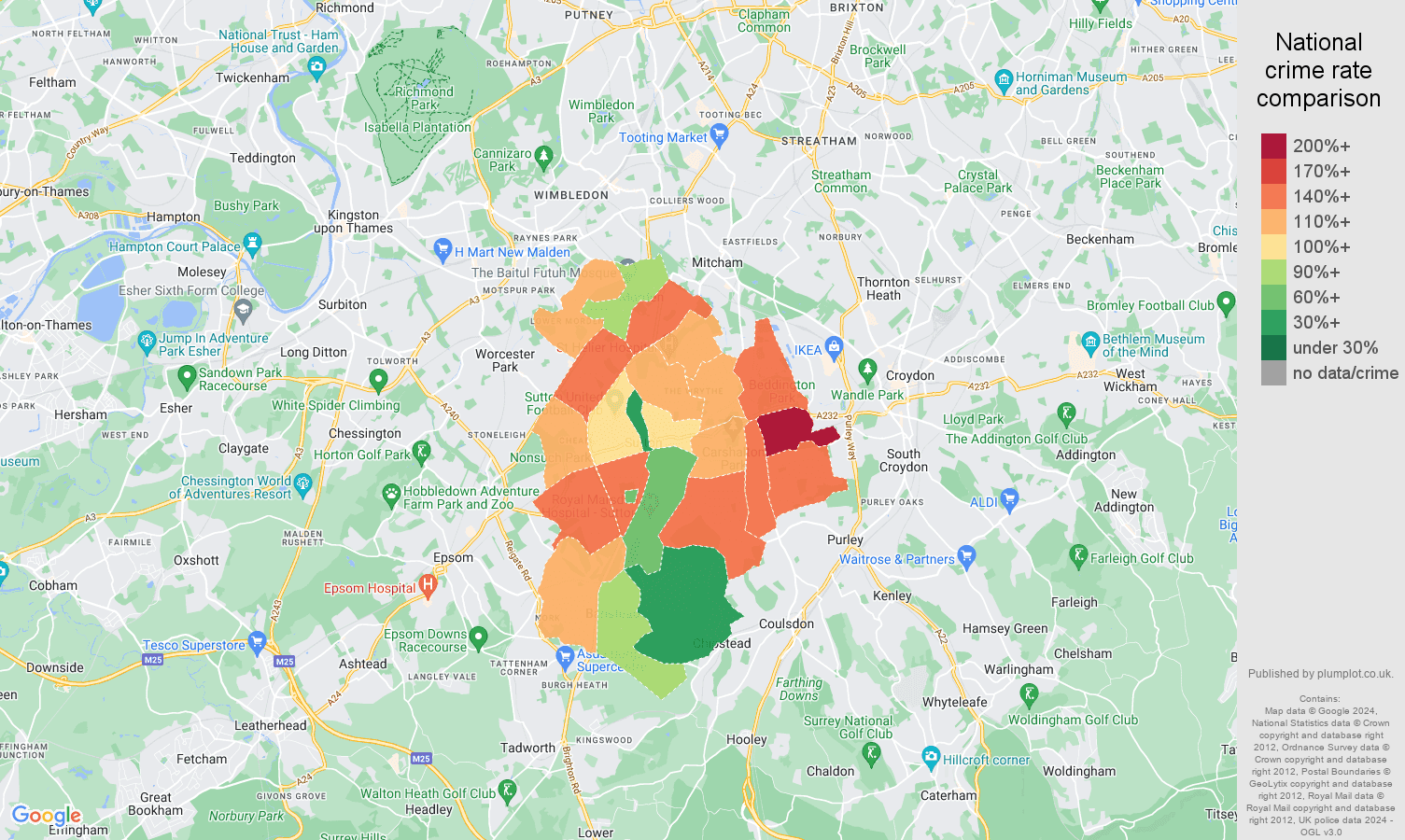 Sutton vehicle crime statistics in maps and graphs. September 2024