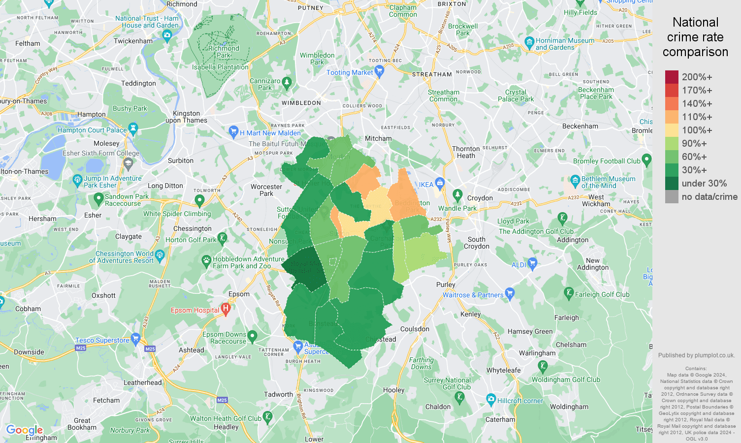Sutton violent crime statistics in maps and graphs. September 2024