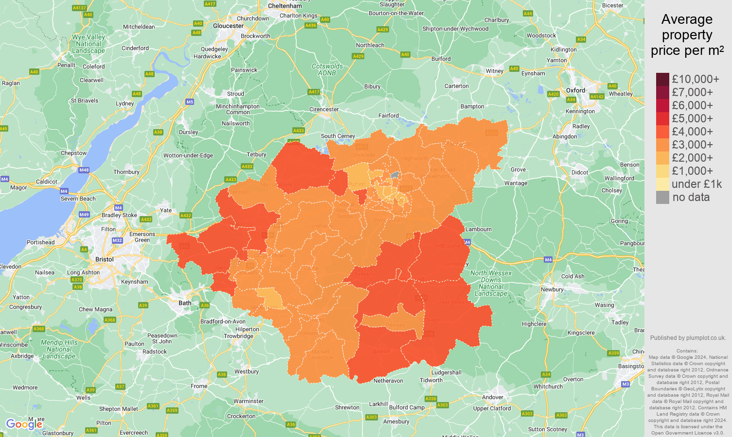 Swindon house prices per square metre in maps and graphs. August 2024