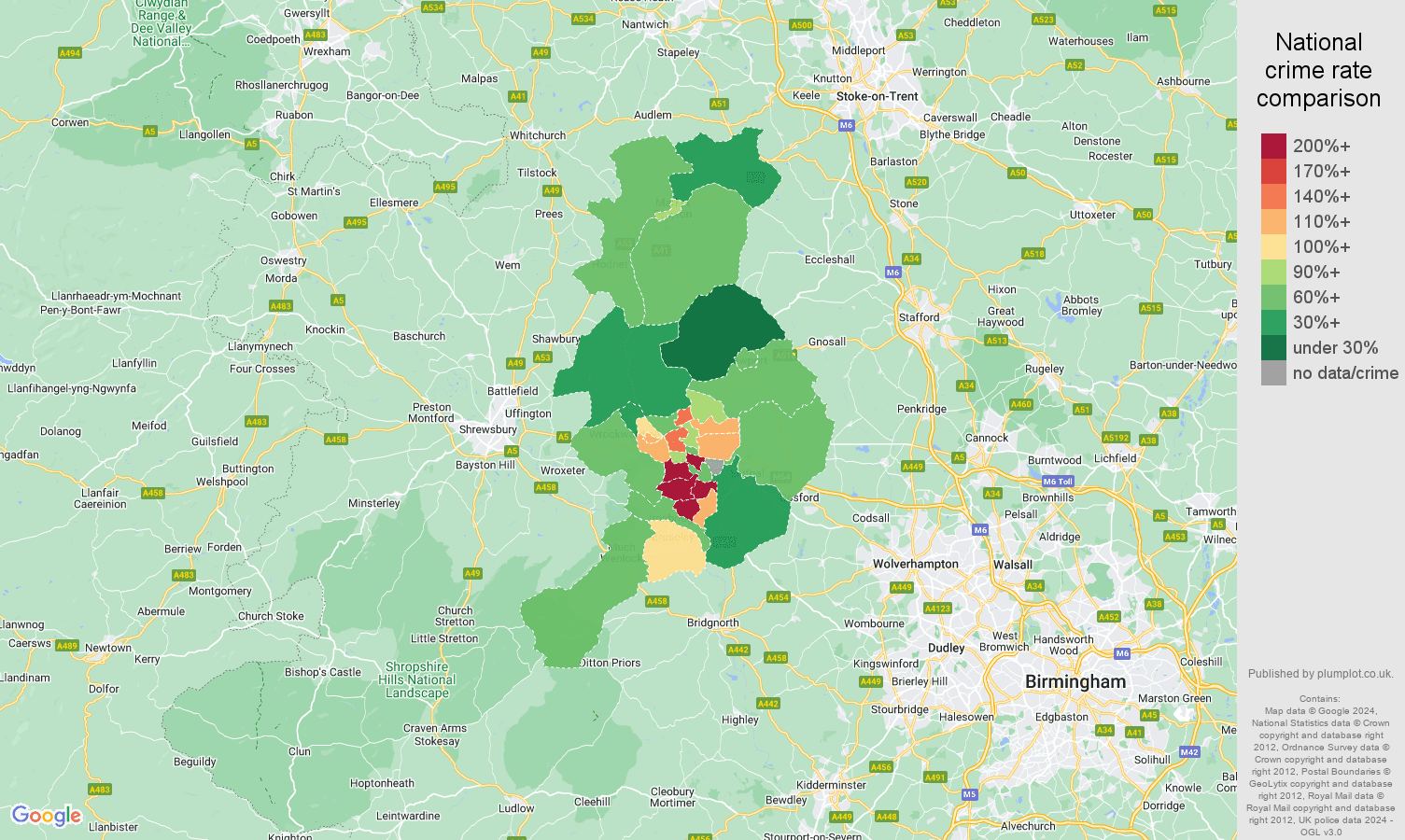 Telford violent crime statistics in maps and graphs.