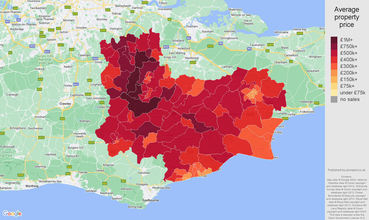 Tonbridge house prices in maps and graphs. July 2024