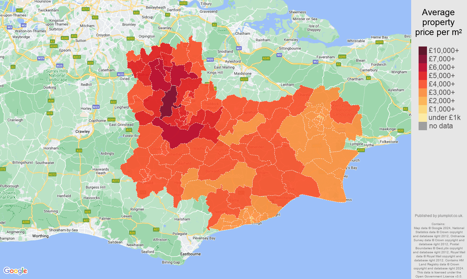 Tonbridge house prices per square metre in maps and graphs. 31 May 2024
