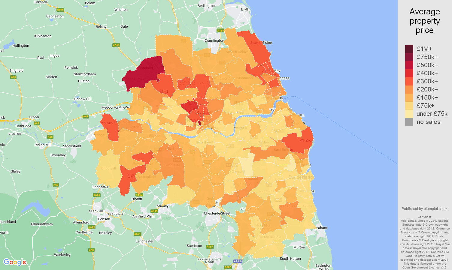 TyneandWear house prices in maps and graphs. August 2024