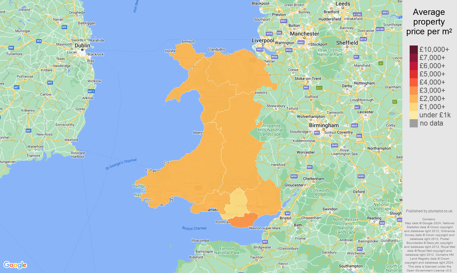 Wales house prices per square metre in maps and graphs. June 2024