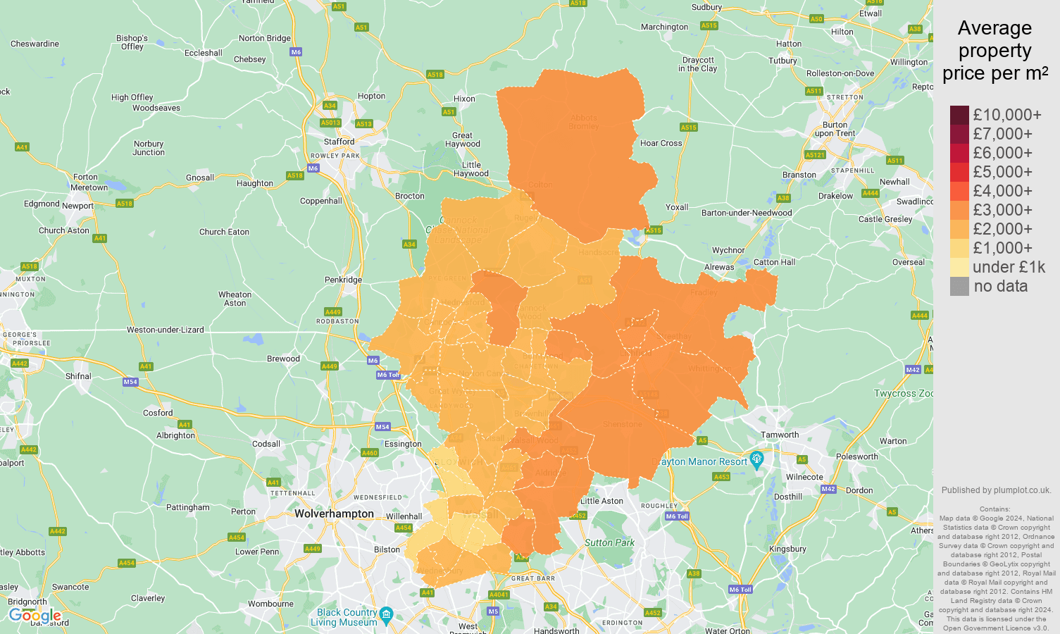 Walsall house prices per square metre in maps and graphs. August 2024