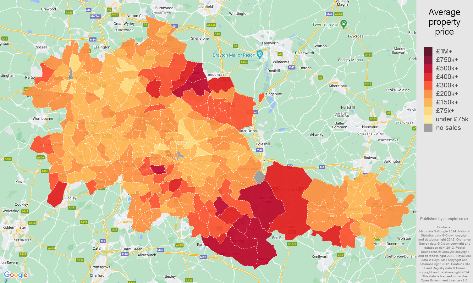 WestMidlandscounty house prices in maps and graphs. August 2024