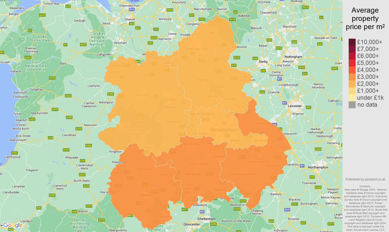 WestMidlands house prices per square metre in maps and graphs. August 2024
