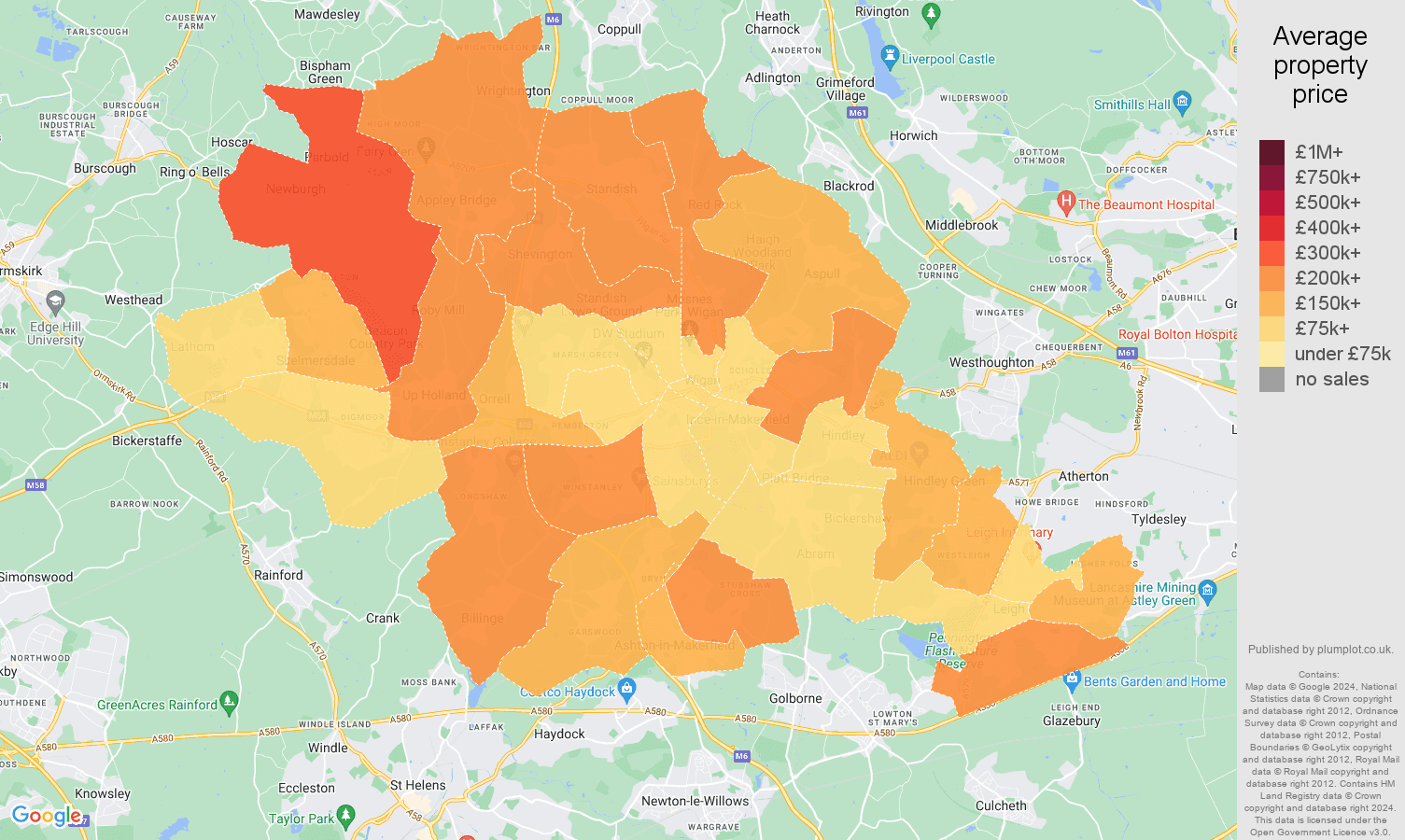Wigan house prices in maps and graphs. July 2024