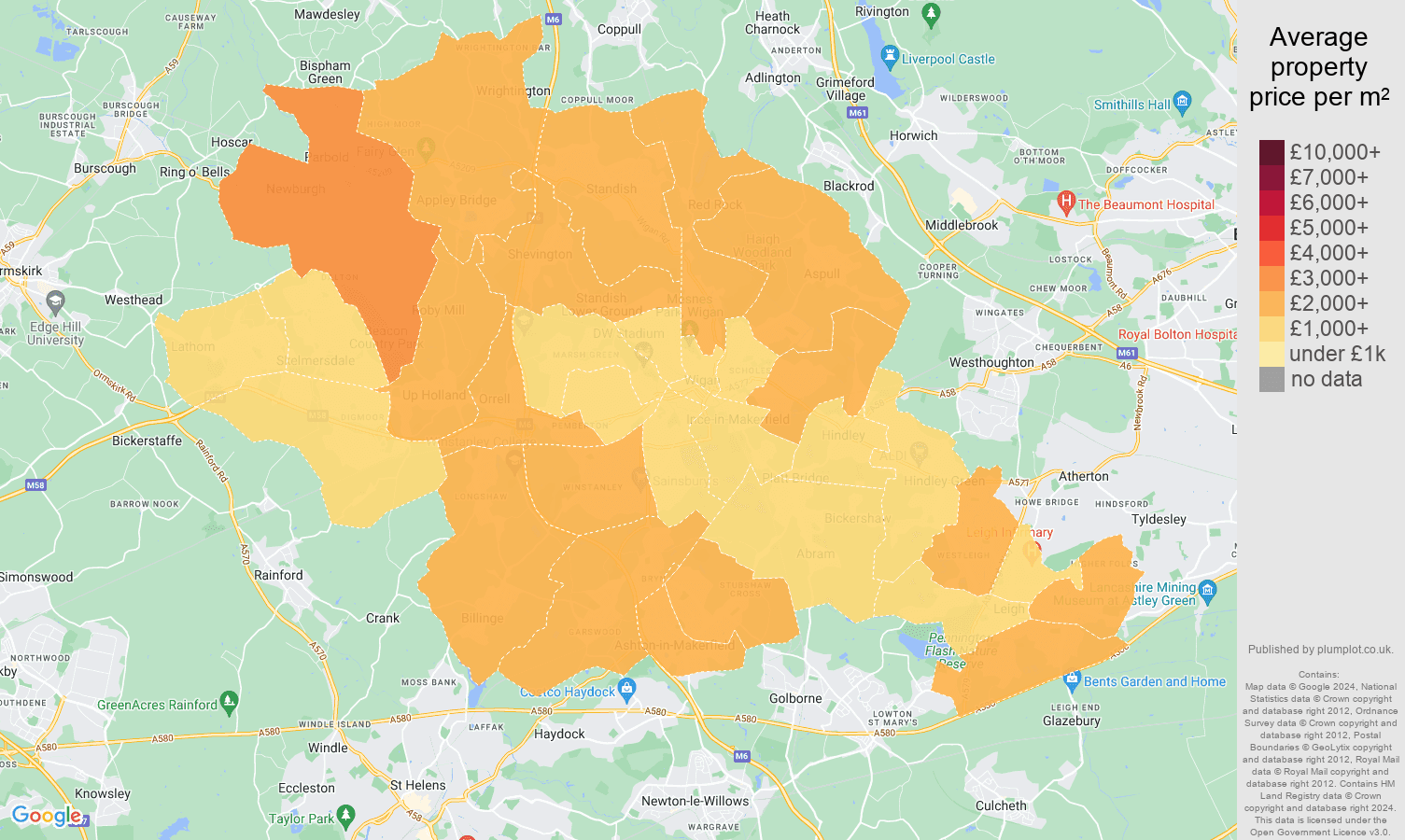 Wigan house prices per square metre in maps and graphs. August 2024