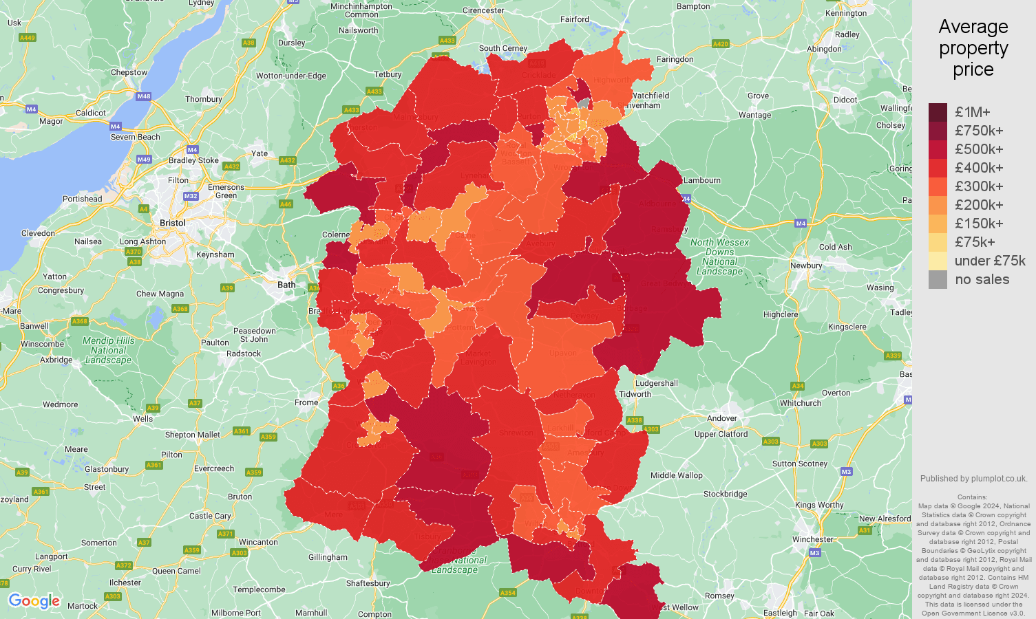 Wiltshire house prices in maps and graphs. August 2024