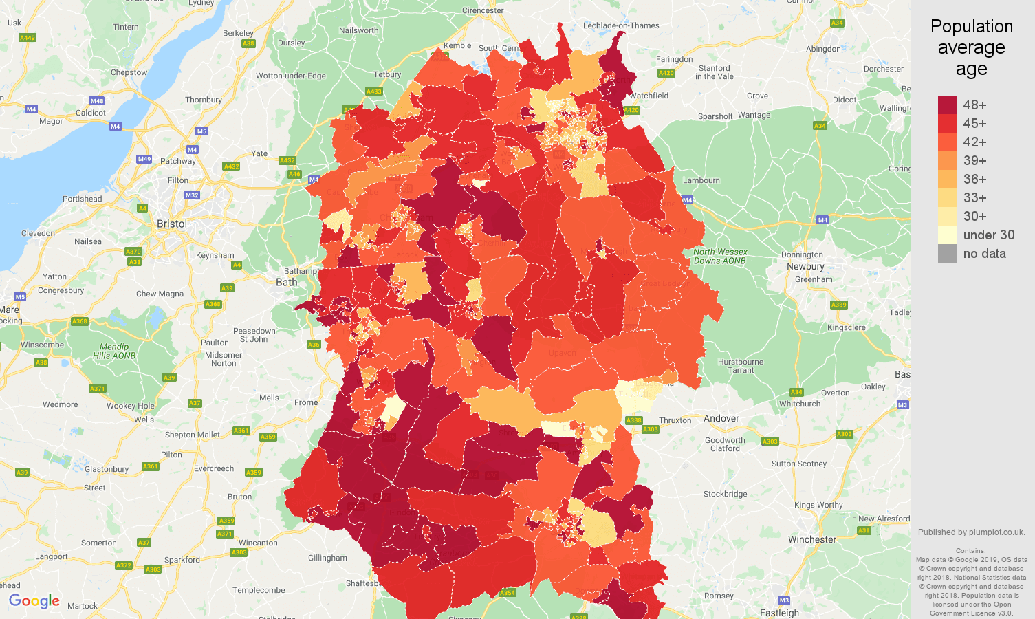 Wiltshire population stats in maps and graphs.