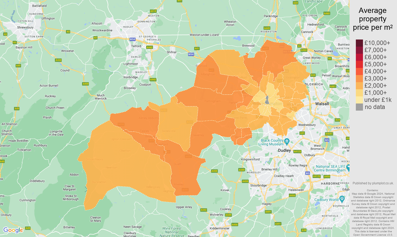 Wolverhampton house prices per square metre in maps and graphs. August 2024