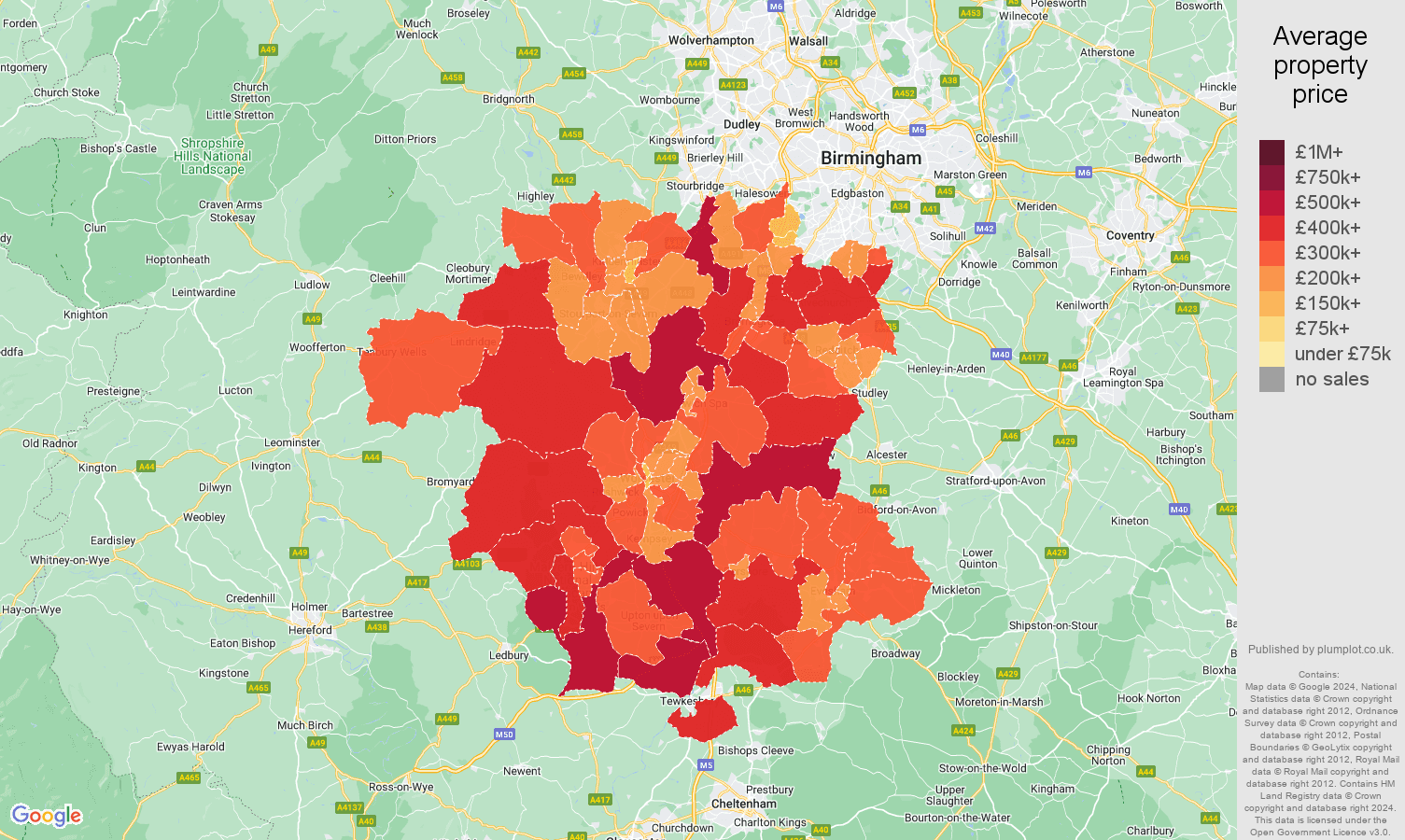 Worcestershire house prices in maps and graphs. August 2024