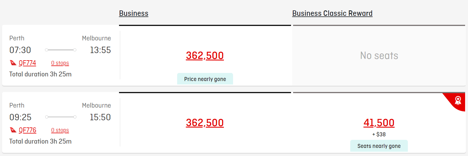 How to tell the difference between Saver and Standard reward seats