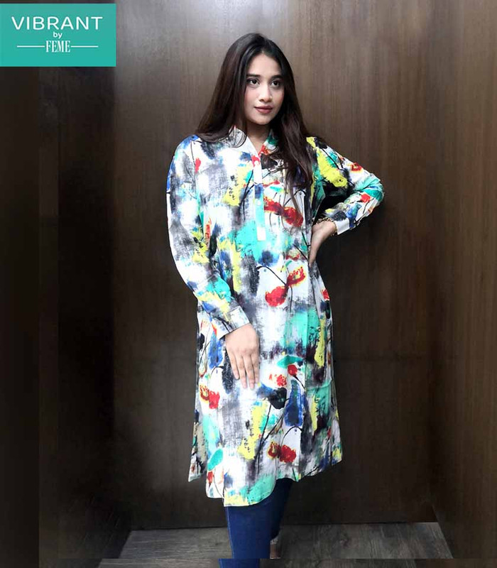 Round Collar Full Sleeve Short Kurti Yellow Print FIT ELEGANCE