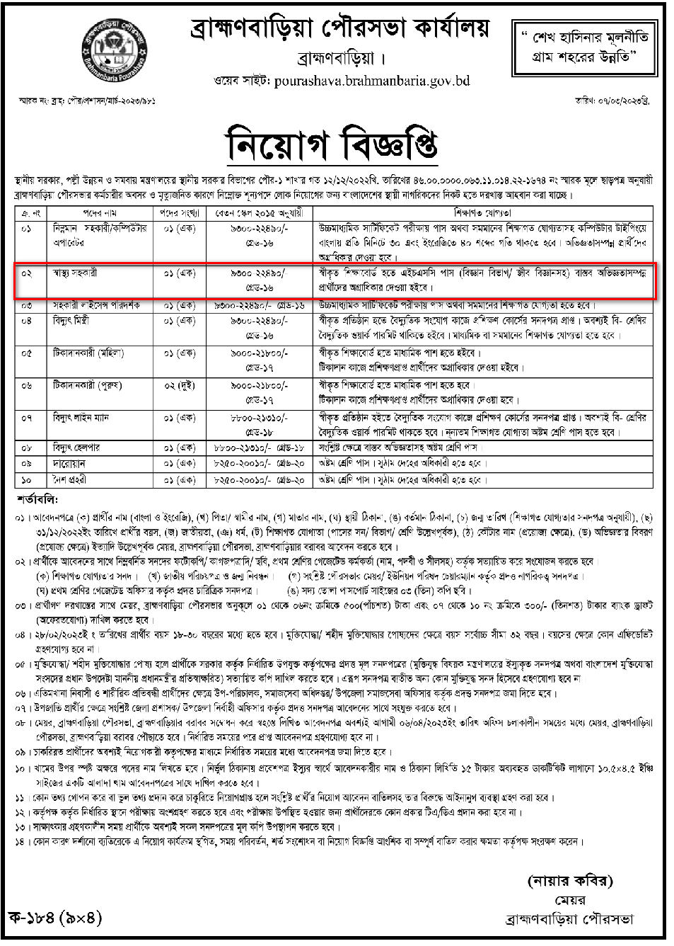 Health assistant Job Circular স্বাস্থ্য সহকারী নতুন নিয়োগ