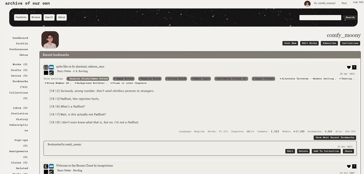 [Ao3 site skin] ''Creamy white black theme'' comfy_moony Fandom