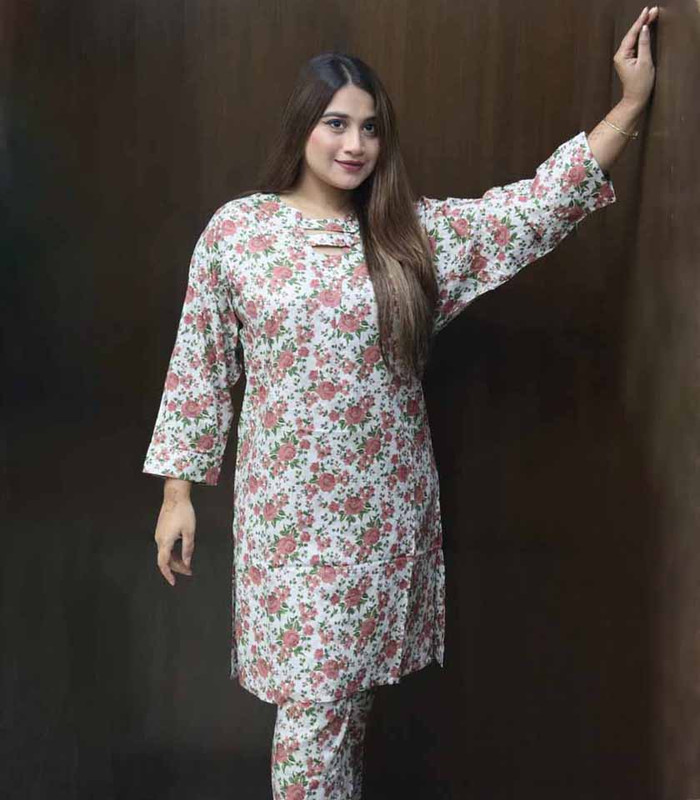Round Collar Full Sleeve Kurti with Palazzo Flower Print FIT ELEGANCE