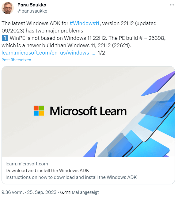 Windows ADK for Windows 11 22H2 (Sept. 2023) PE build newer as 22H2