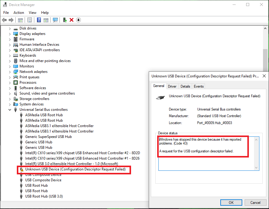 Scurire logo identificazione request for the usb device descriptor failed code 43 azione La