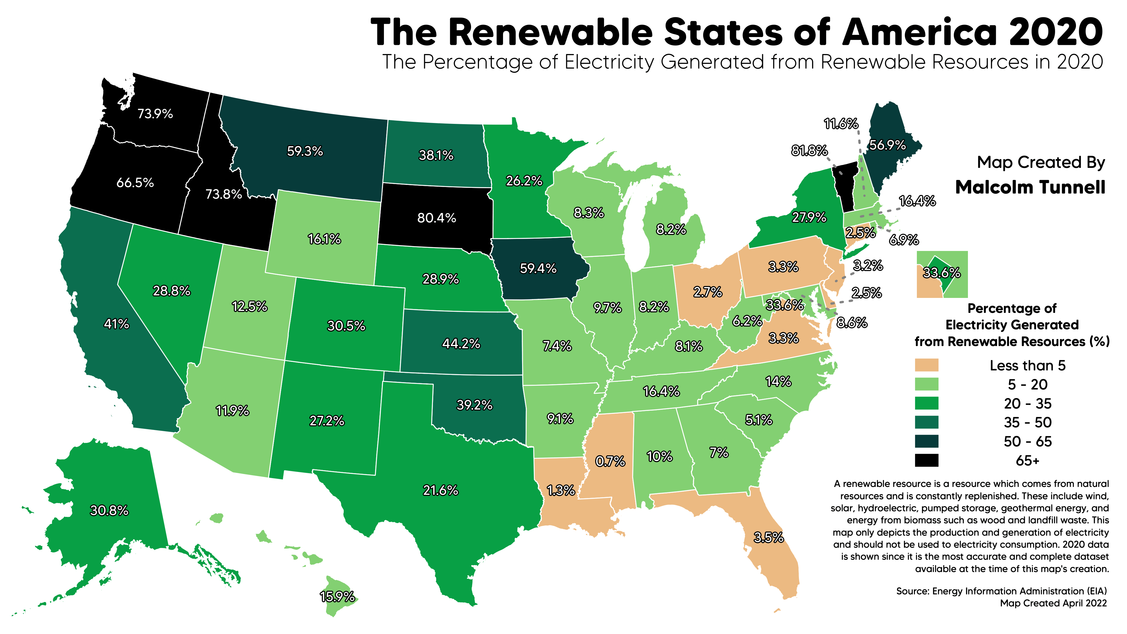 [OC] The Renewable States of America 2020 The Percentage of