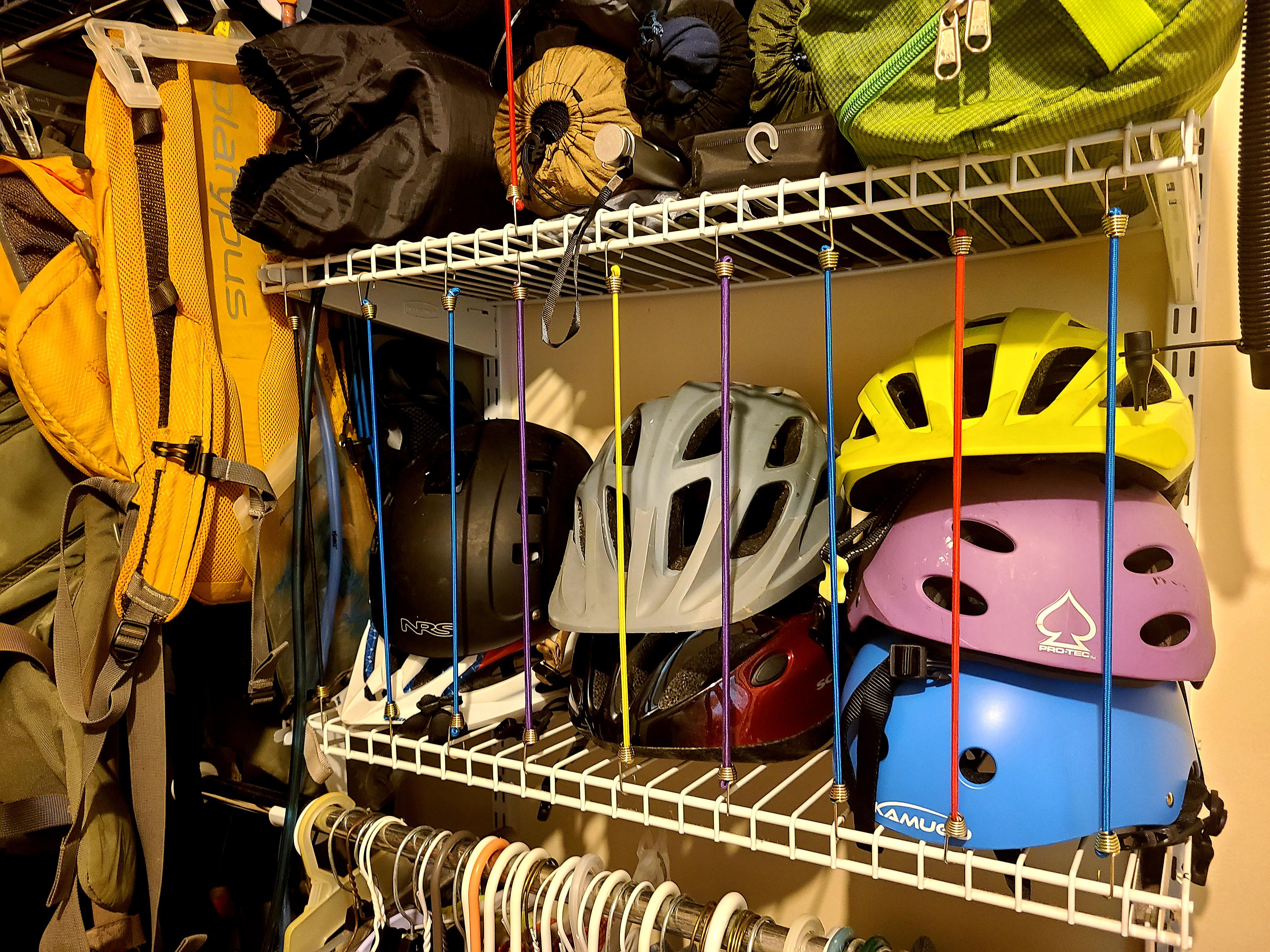 Helmet Storage Hack (wire shelf and mini bungees keep awkward shaped