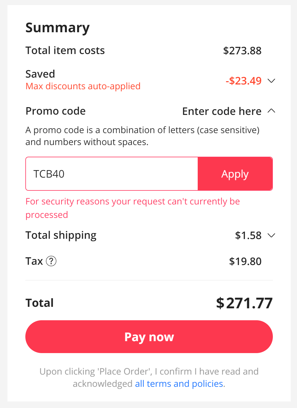 Using a coupon code gives me "For security reasons your request can't