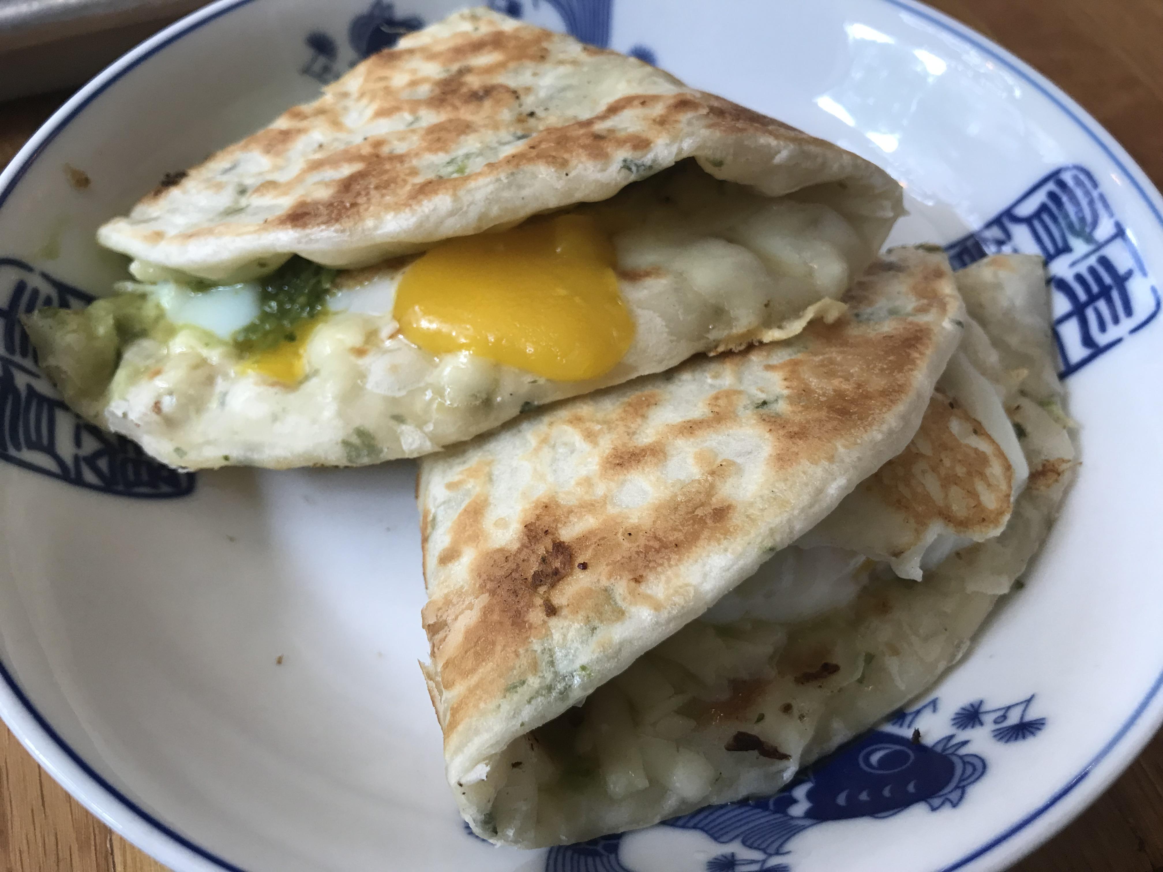 The Double Awesome from Mei Mei Scallion pancake sandwich with eggs