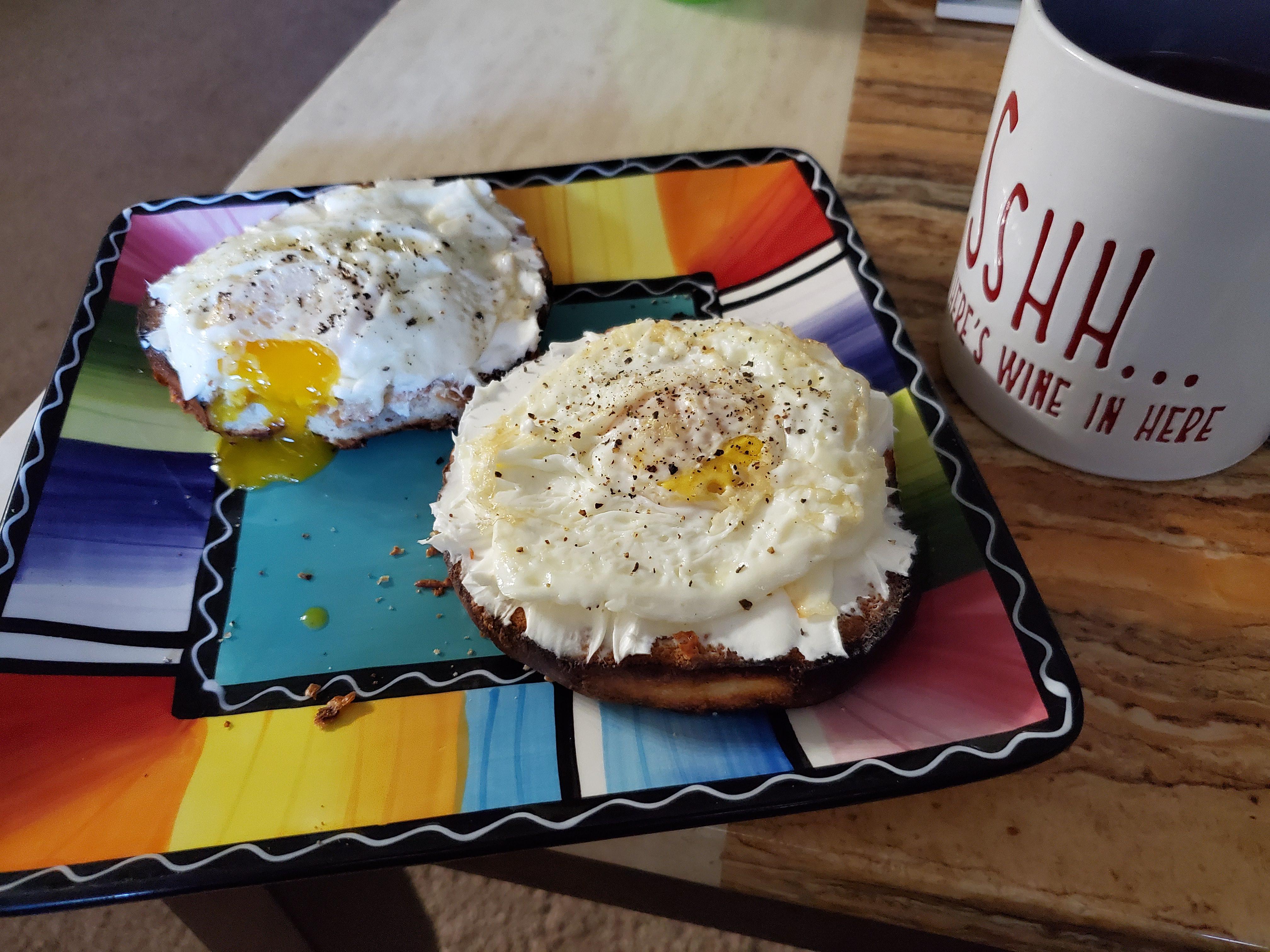 Asiago bagels, cream cheese, egg, and pepper r/PutAnEggOnIt
