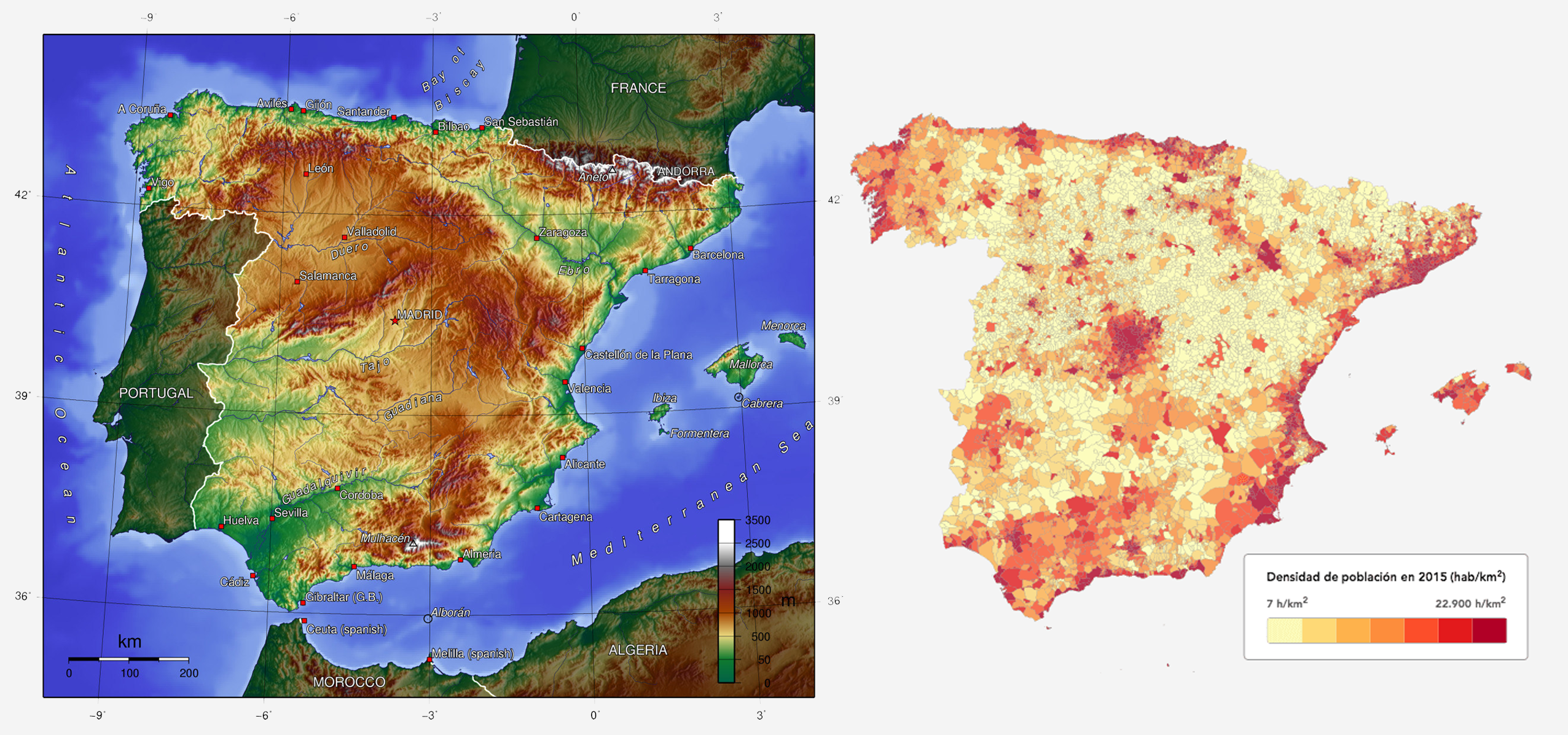 Spain's topography map & population density map side by side [2552x1197