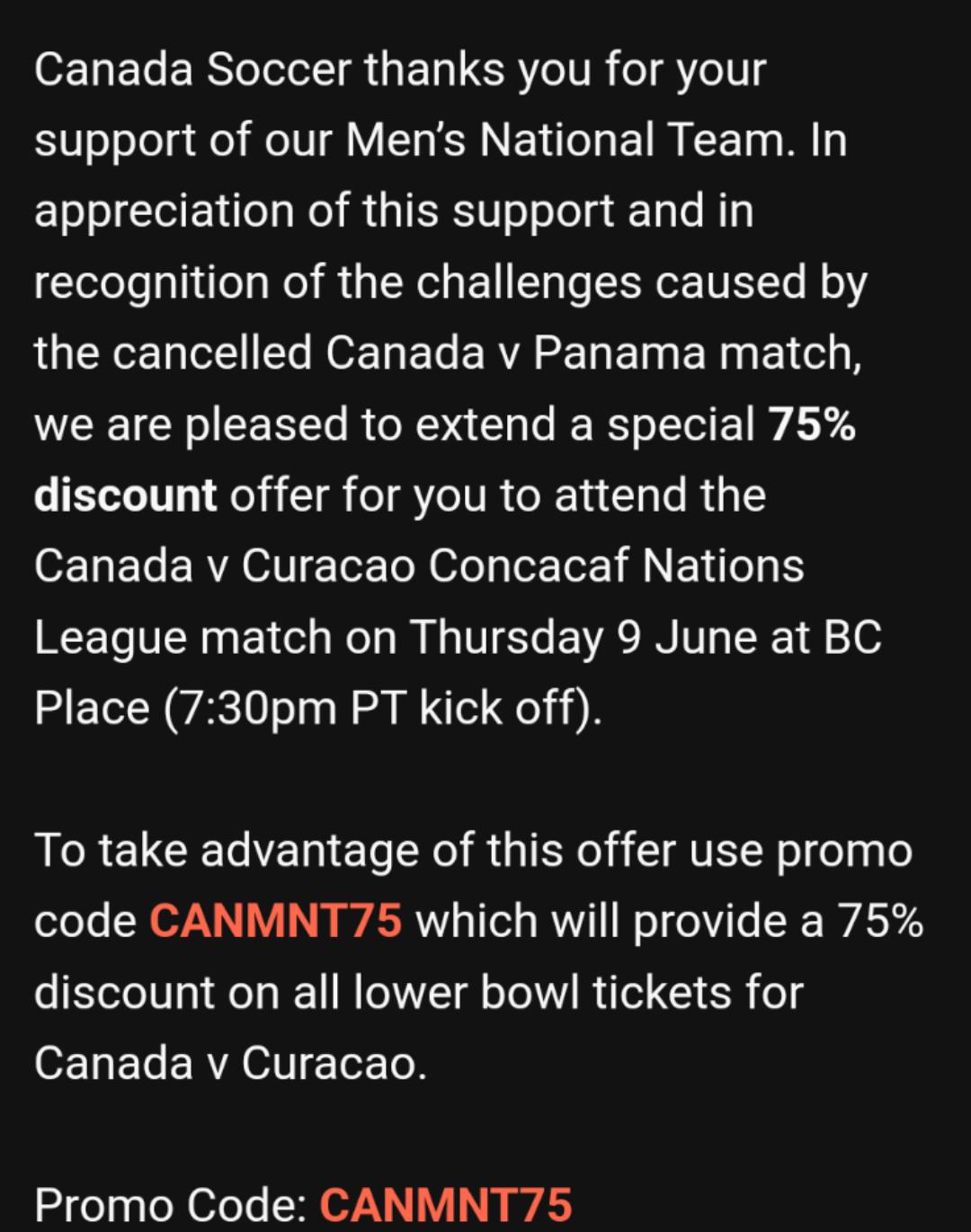 75 off Canada v Curacao Thurs June 9th at BC Place r/CanadaSoccer