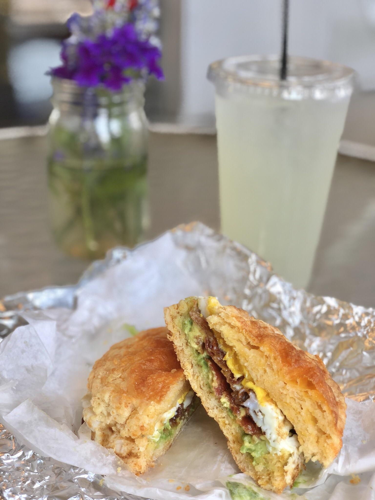 Egg Sandwich on a Cheddar Biscuit with a Lemonade from Kerber’s Farm