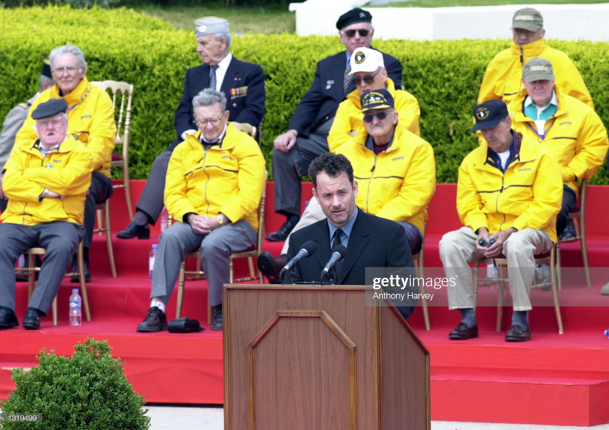 Tom Hanks speaks at the Band Of Brothers premiere, Normandy 2001