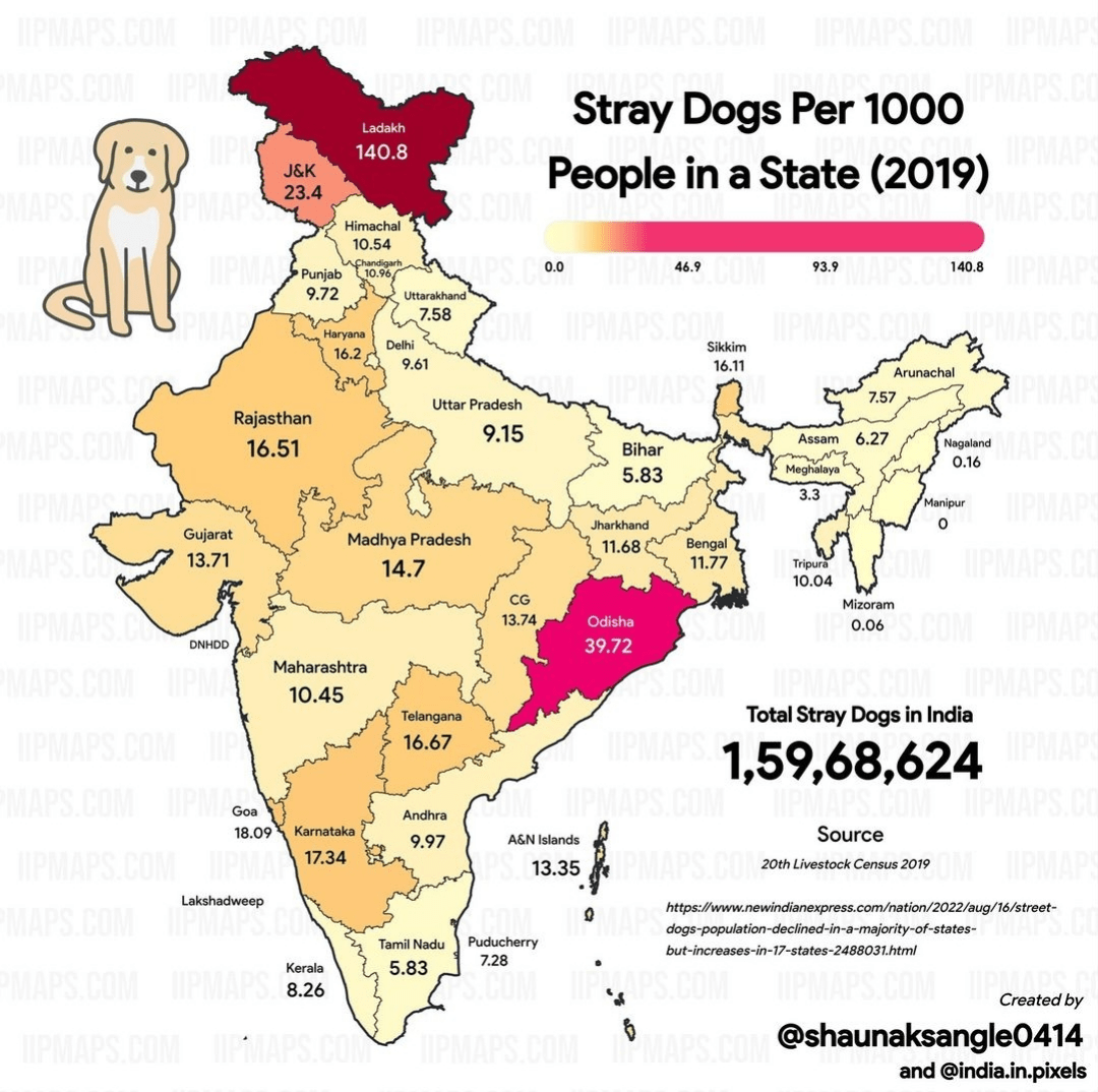 Map of India showing Stray Dogs per 1000 People in a State r/Odisha