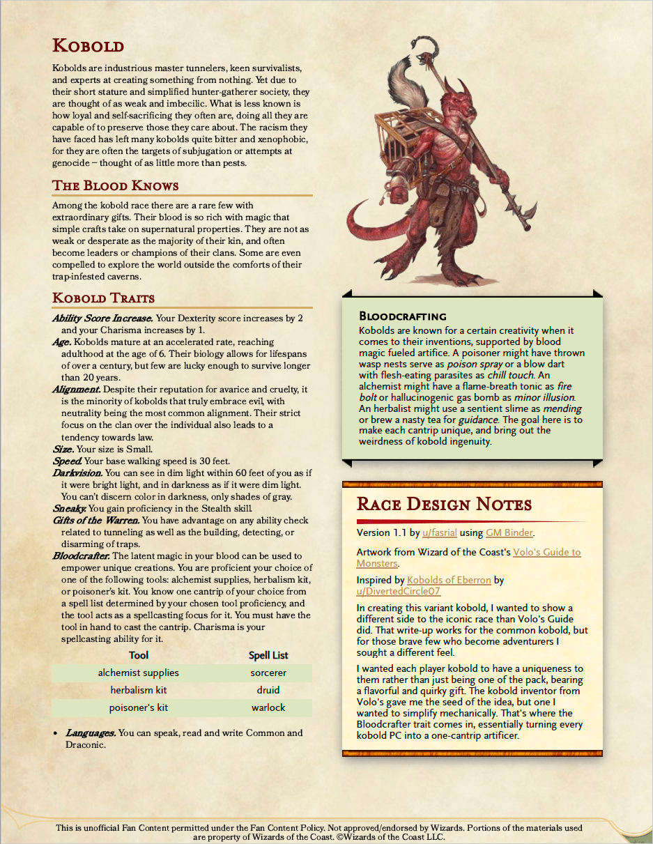 Variant Kobold Player Race Simplified Blood Artifice (v1.1) UnearthedArcana