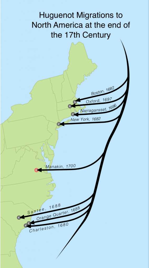 Huguenot (french protestant) Migration to the 13 colonies during the