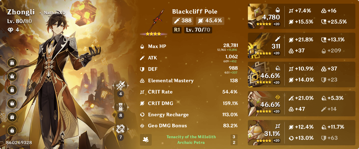 An update on my current dps Zhongli build. getting 4555K from his