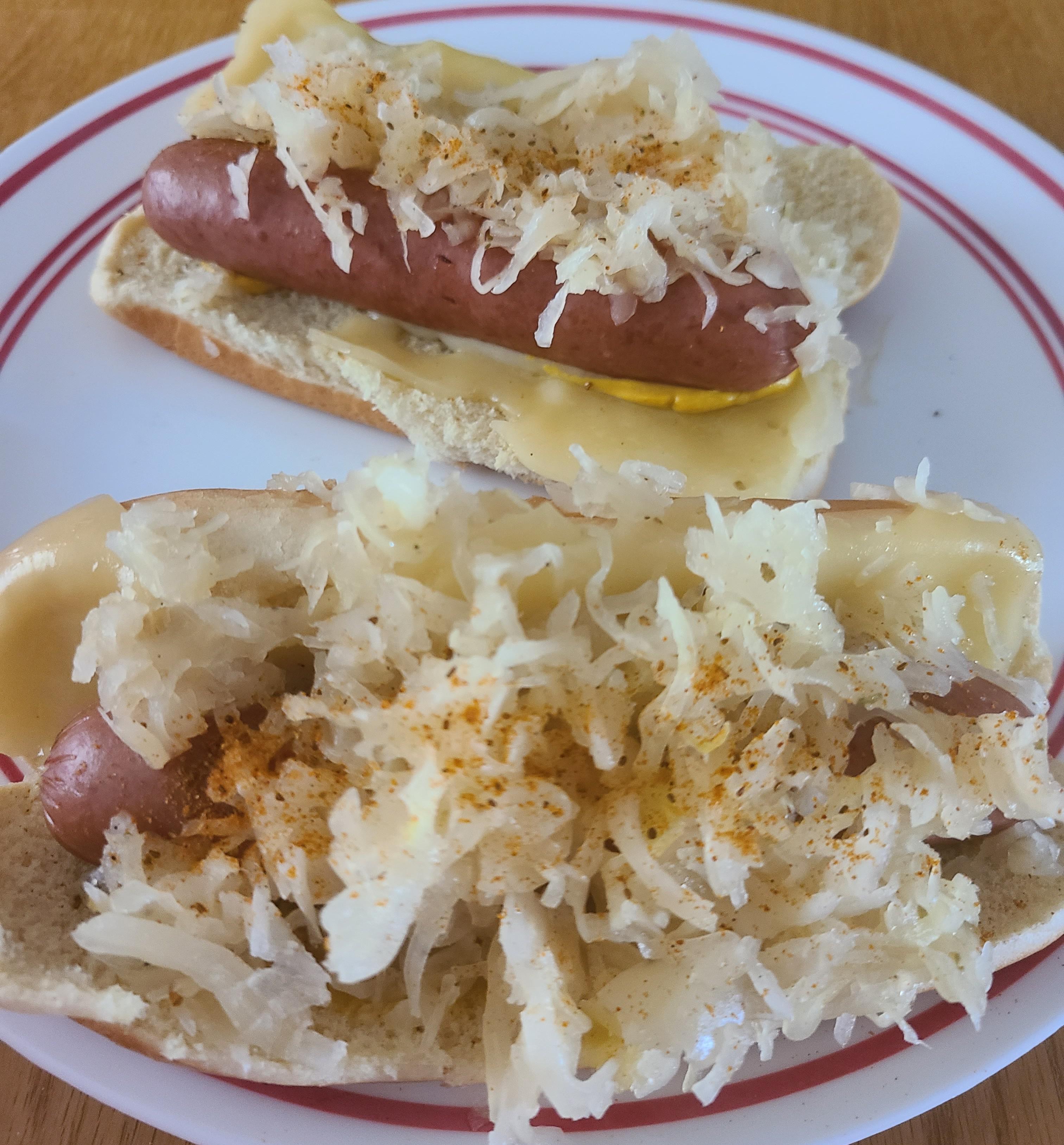 Hot dog and kraut with mustard, Swiss and old bay seasoning r/hot_dog