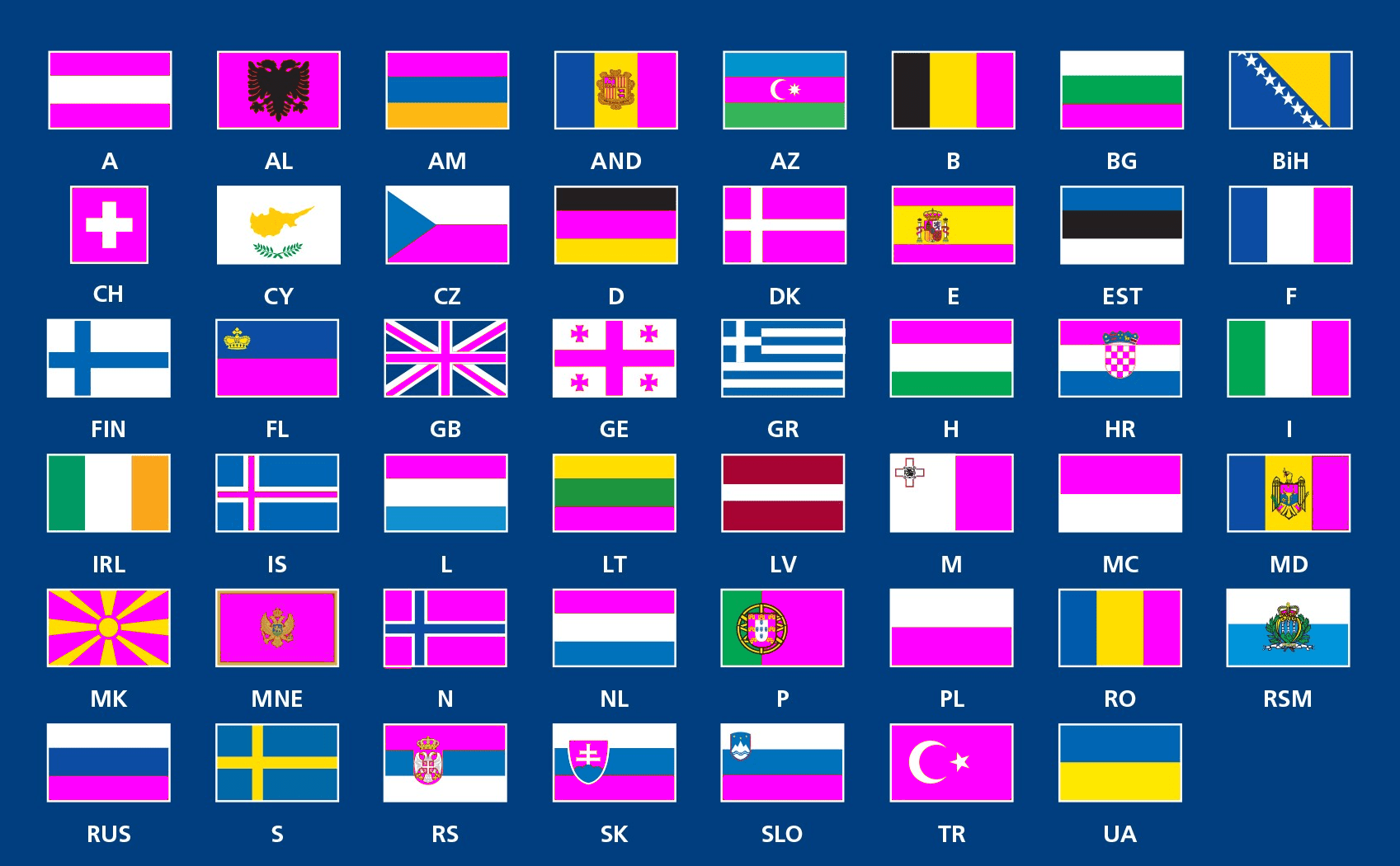 Since pink is so rare in flags, I replaced red with pink in European flags vexillologycirclejerk