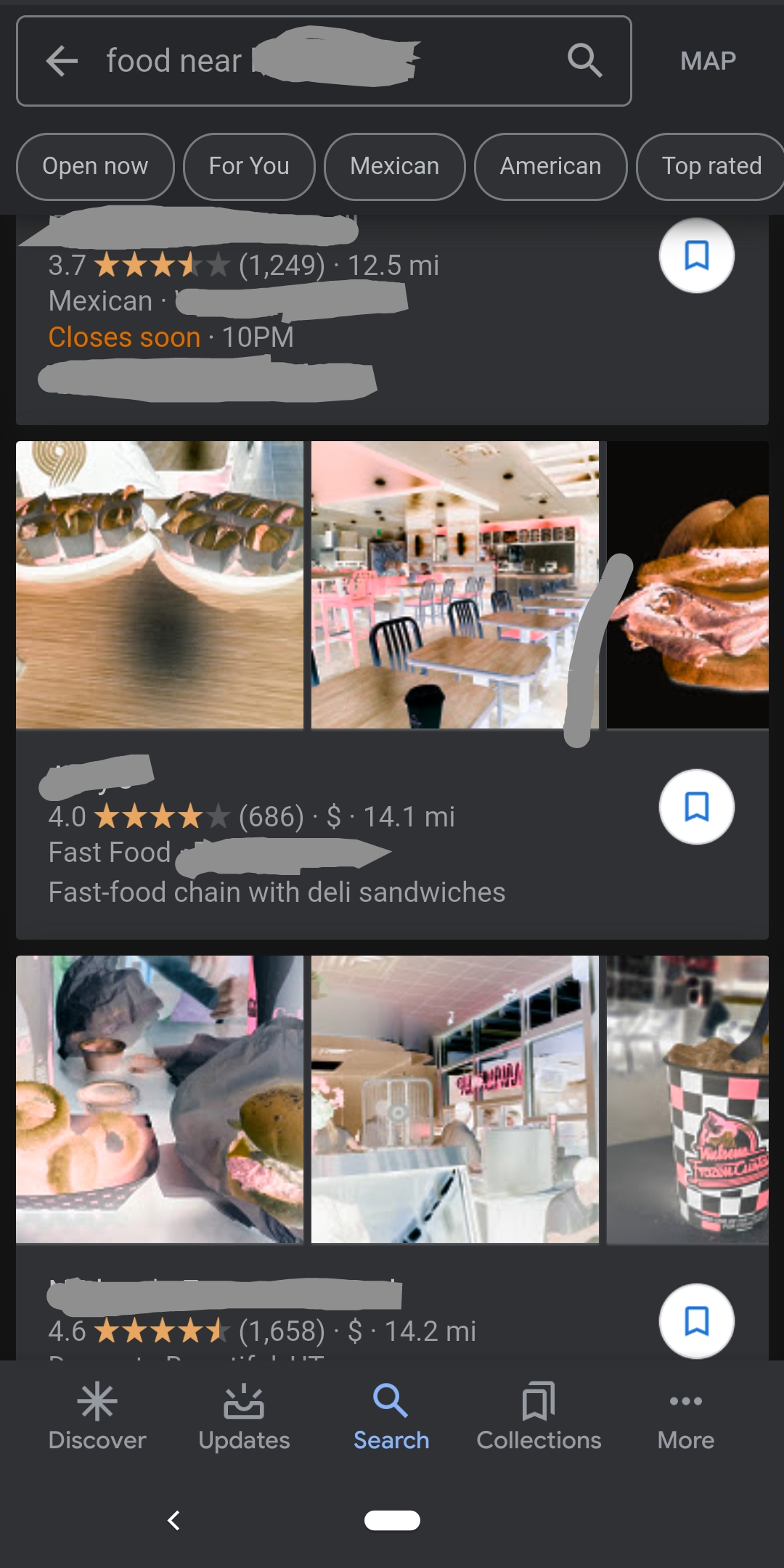 Images for 'food near me' are color inverted/negatives r/google