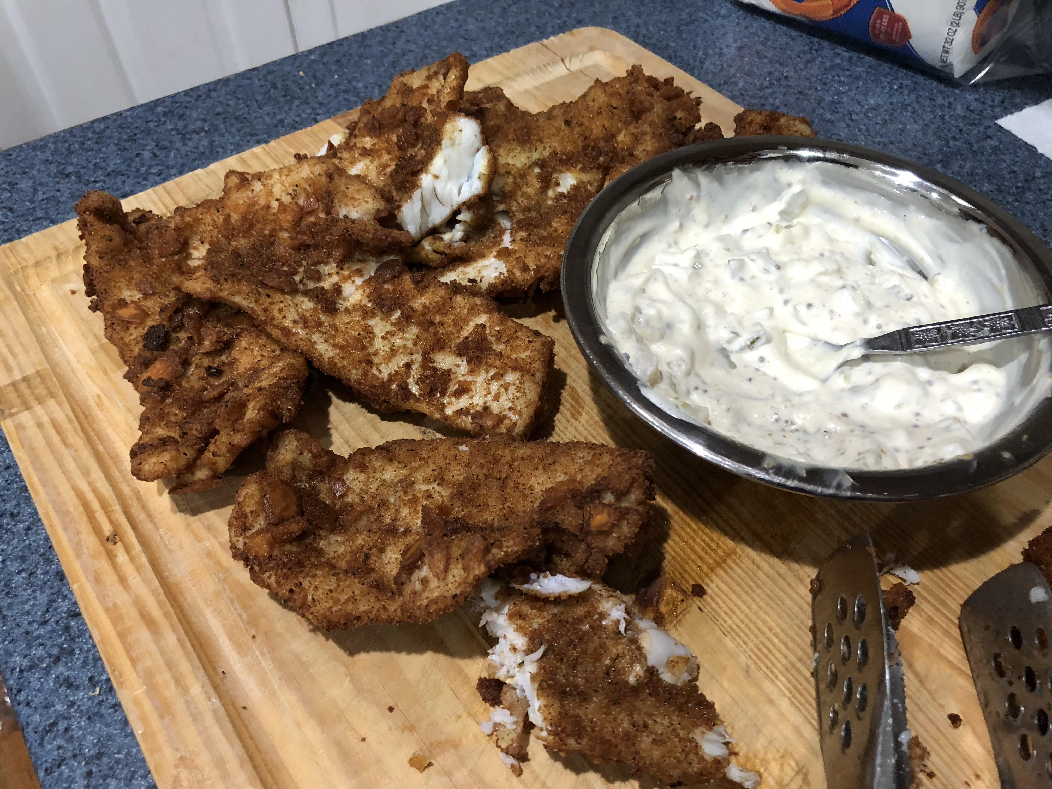[Homemade] Fresh Caught Bass and Catfish with a homemade Tartar Sauce