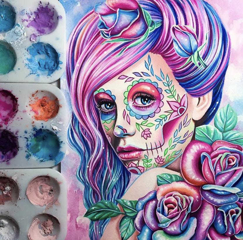 Gouache sugar skull girl painting.. gouache became my new favorite
