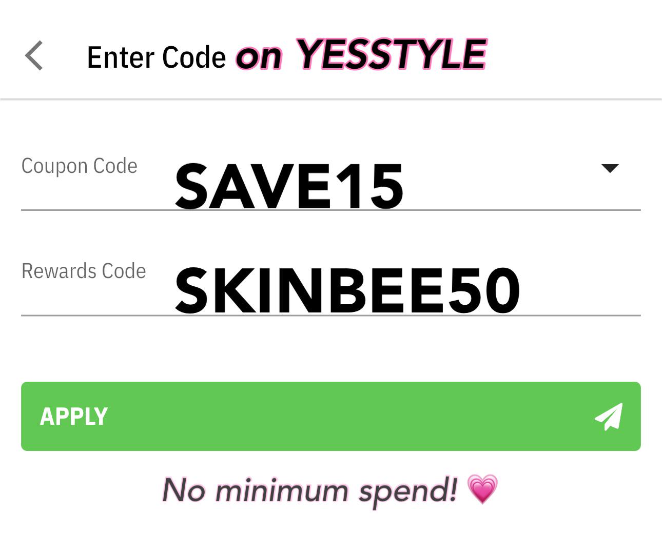 Use code SKINBEE50 + SAVE15 for 20 off on YESSTYLE! 💗 No minimum spend! (yesstyle coupon code