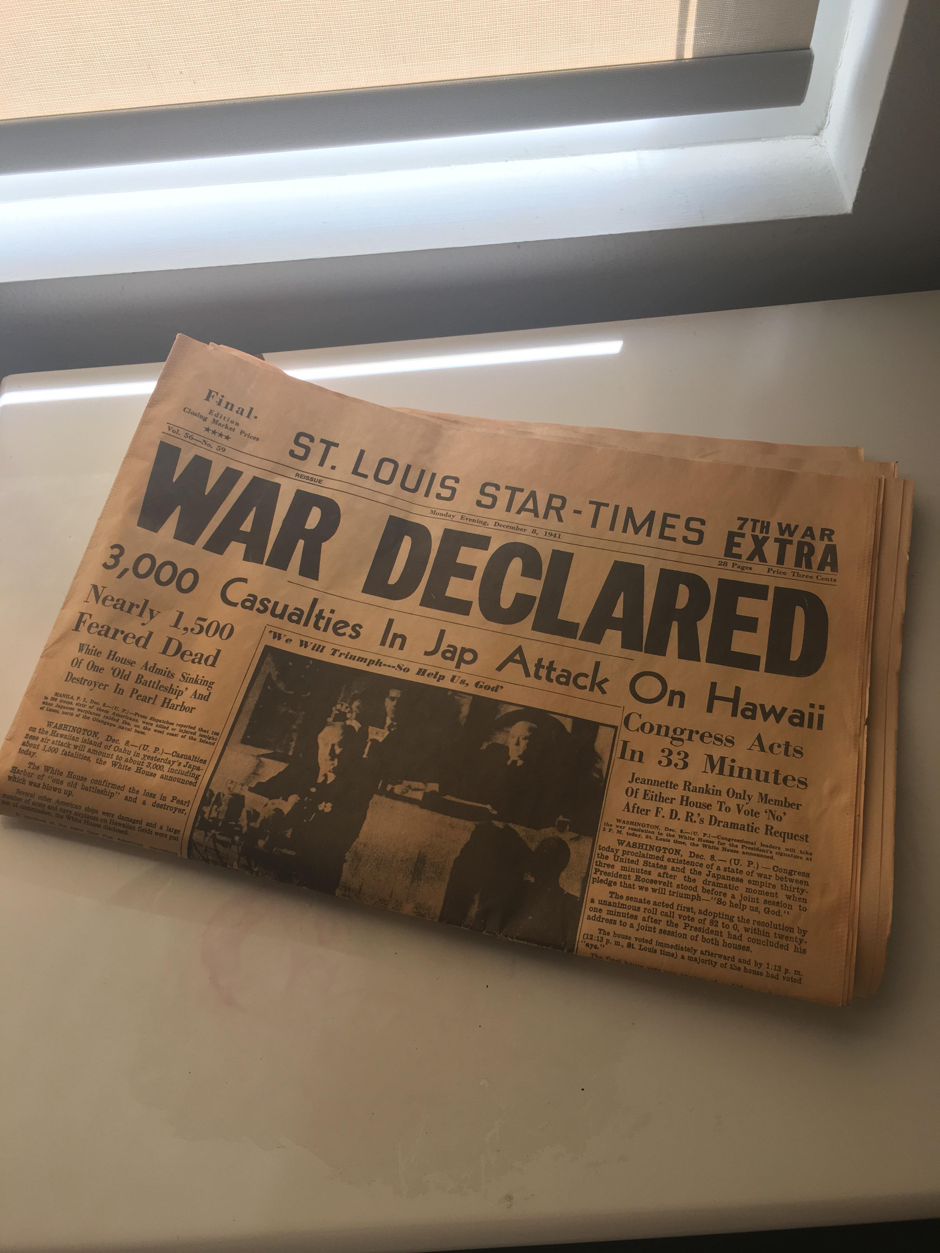 Newspaper from 1941 with the Pearl Harbor headline I found in my