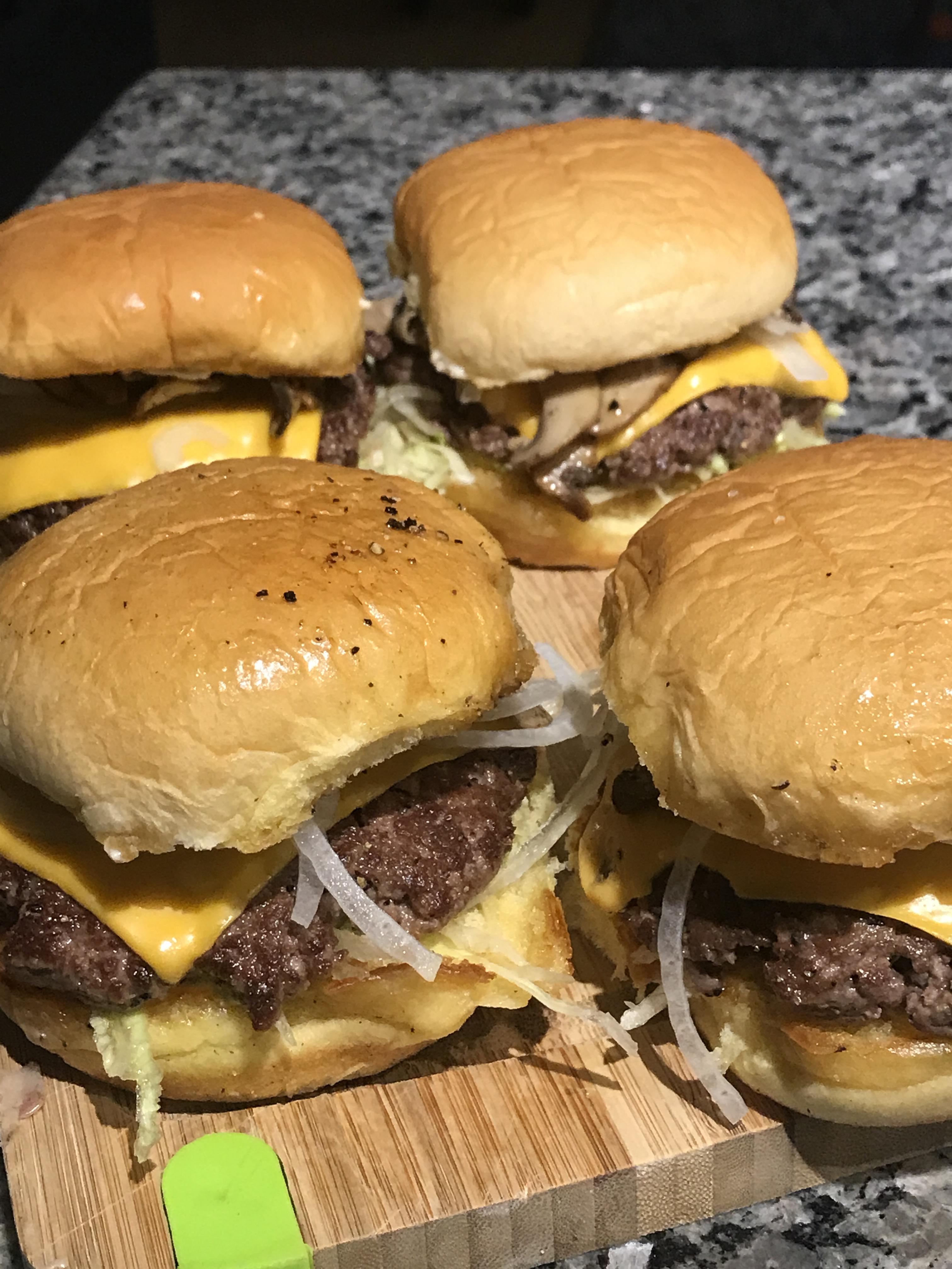 Homemade Ultra Cheeseburgers Double ground ribeye, Martin’s potato