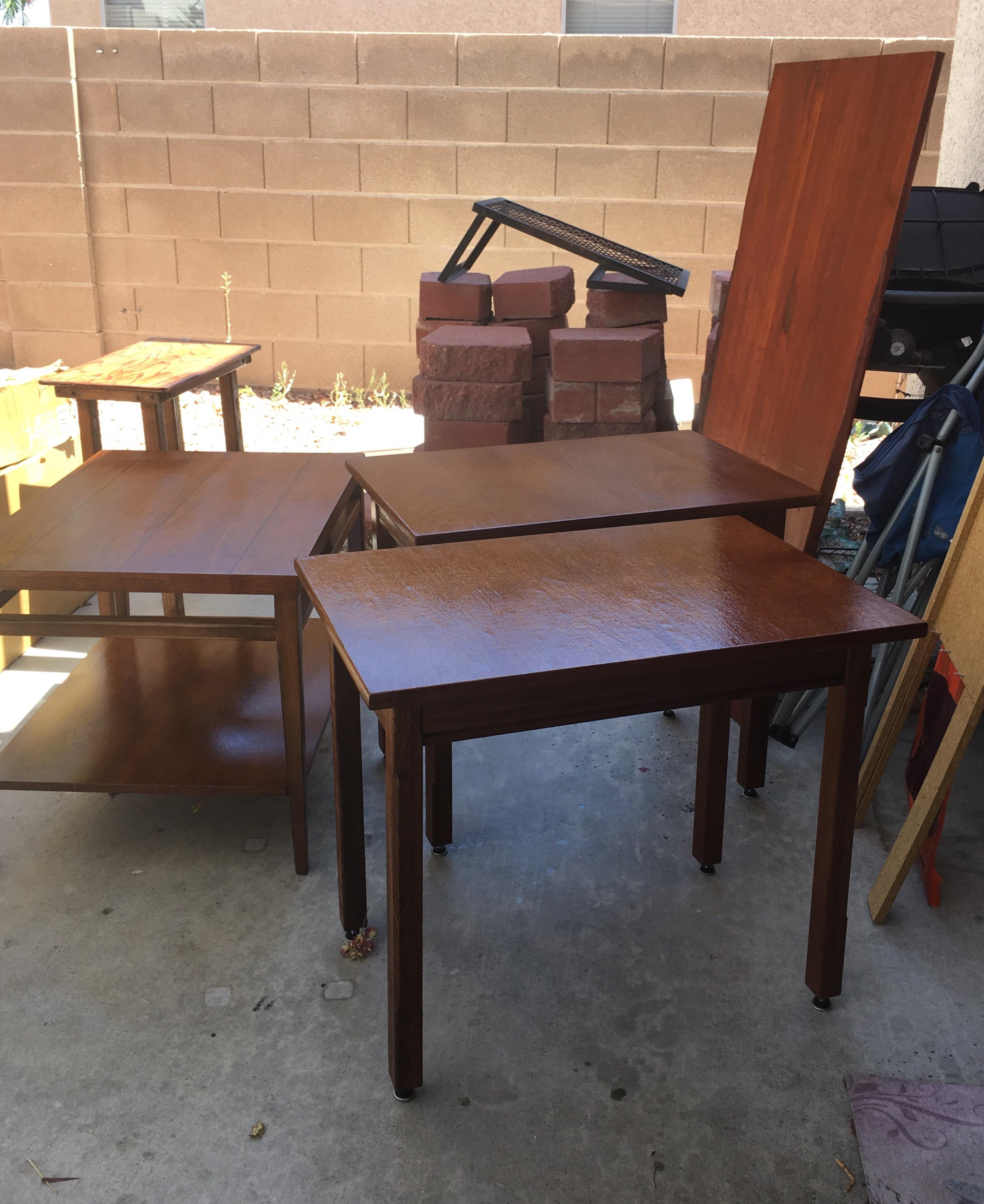 Table spraying day. Laying down polyurethane on 3 tables, 1 table top