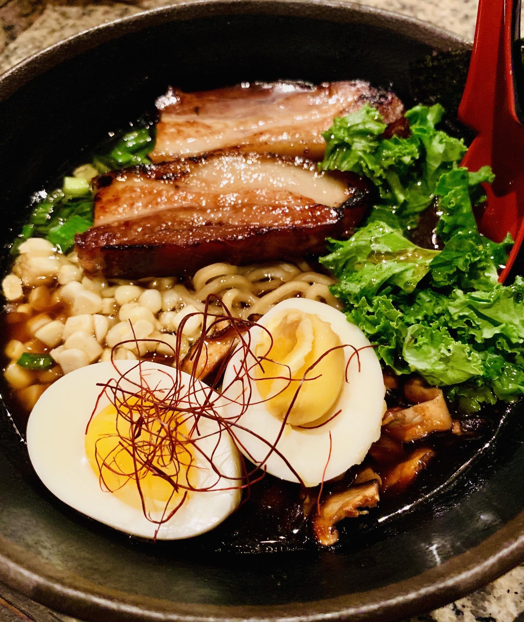 Soy Pork Dashi Broth Ramen with locally made Iwamoto noodles Three’s Bar & Grill in Kihei